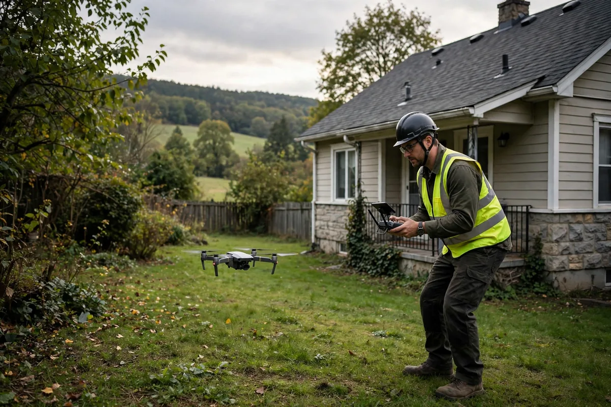 Inspector launching a drone beside a house to photograph the roof.