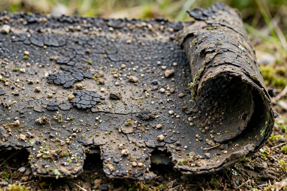 Close-up of an aging shingle showing granule loss and curling.