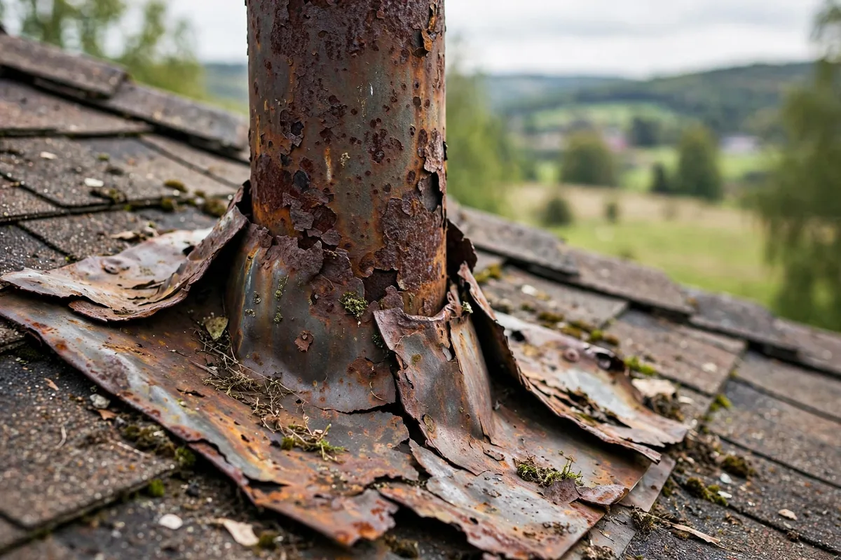 Rusted and corroded flashing around a roof vent stack.