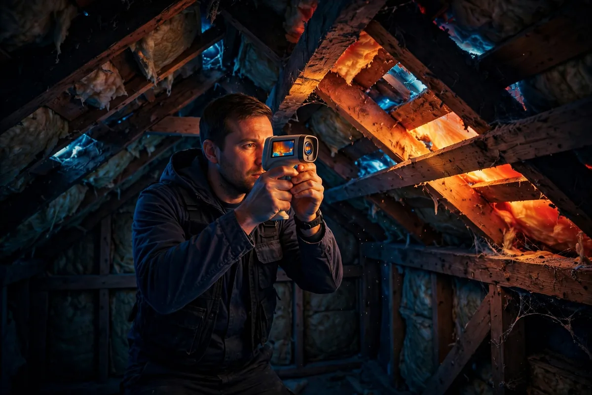 Inspector scanning a dark attic with an infrared thermal camera.