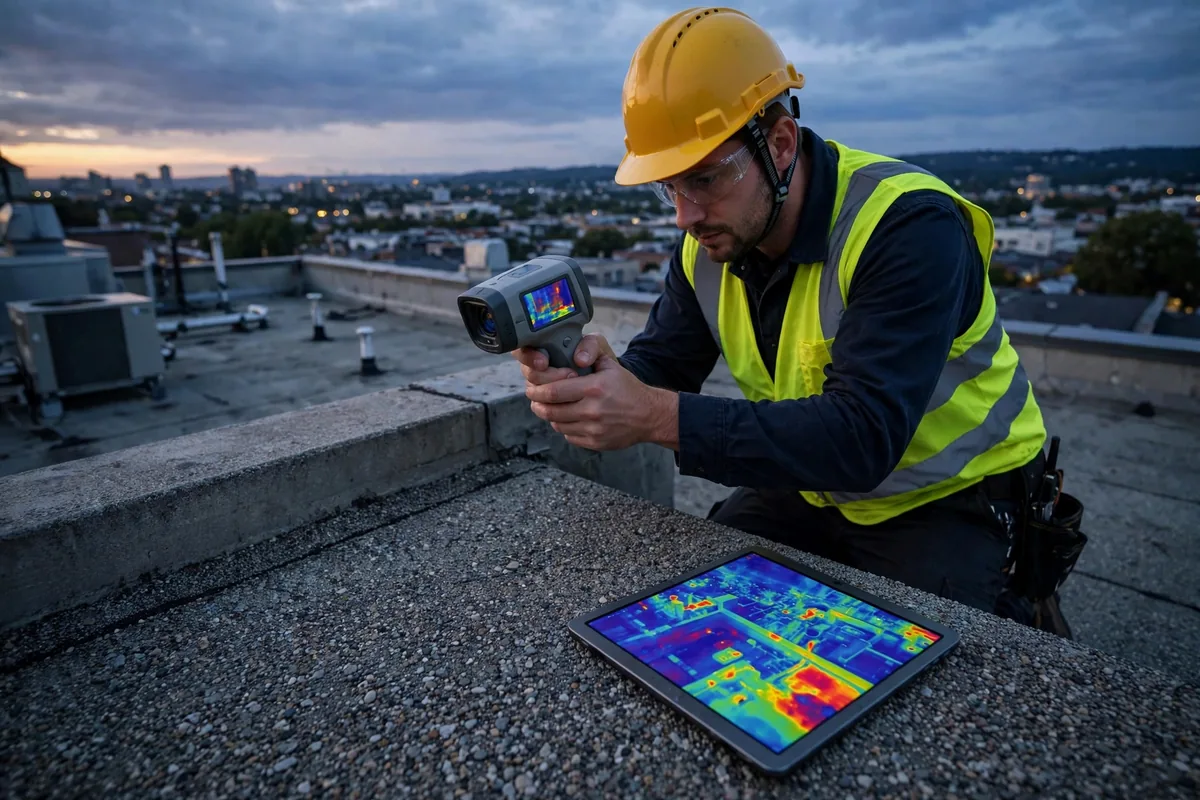 Technician scanning a flat roof with an infrared thermal camera at dusk.